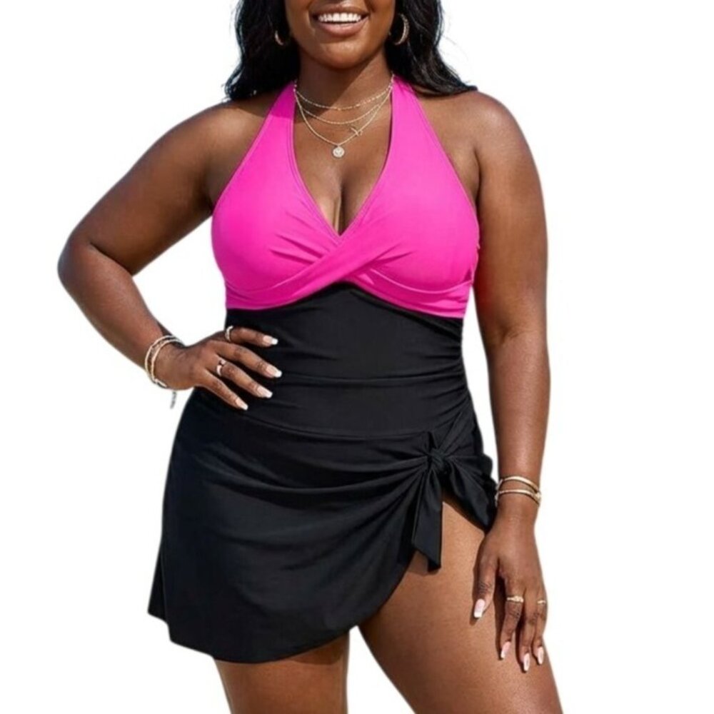 Blooming Jelly Size 2XL One-Piece Swimsuit Ruched Pink Black Adjustable Back